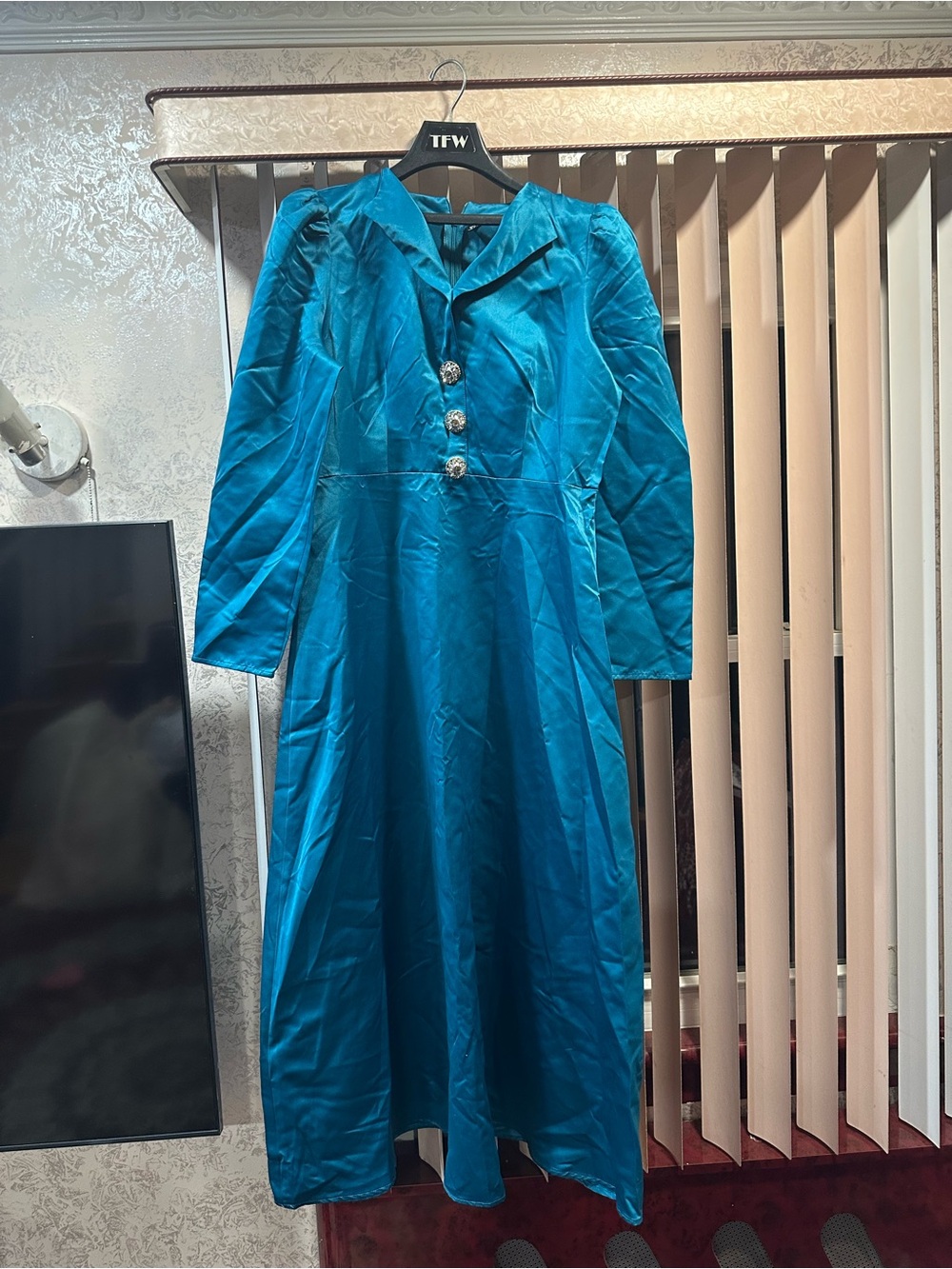 Teal Long Sleeve Midi Dress with Decorative Buttons